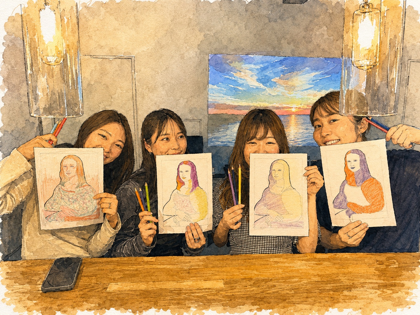 対話型鑑賞会で感想を語り合うおとなの参加者たち（水彩イラスト）